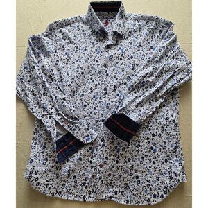 Luchiano Visconti Black Men L Floral Long Sleeve Shirt Blue White Cotton Turkey